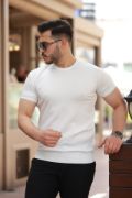 Erkek Ince çizgi Dokulu Bisiklet Yaka Kısa Kollu T-shirt resmi